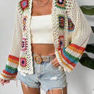 Ivory Multicolor crochet patchwork open boho bohemian kimono cardigan